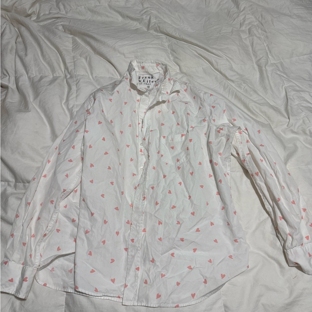 Frank & Eileen Eileen White and Pink Heart Patterned Shirt M Medium